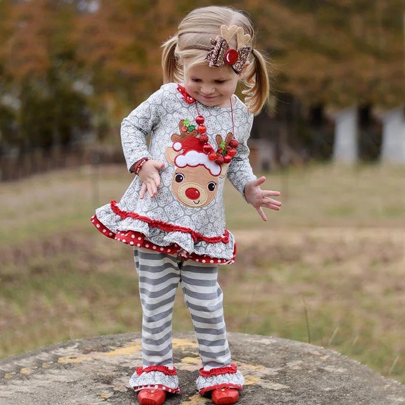 2024 Christmas Essentials New Children's Clothing Girls Long Sleeve Elk Print Top + Striped Pants Baby Suit Two Piece New Year - Bundle Joy Baby Boutique