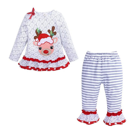 2024 Christmas Essentials New Children's Clothing Girls Long Sleeve Elk Print Top + Striped Pants Baby Suit Two Piece New Year - Bundle Joy Baby Boutique