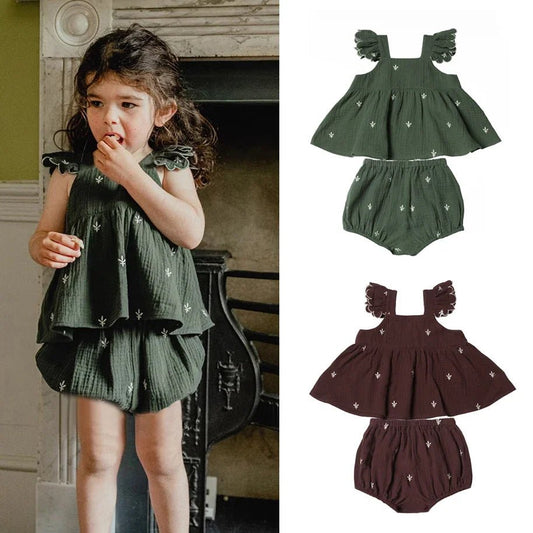 2Pcs Organic Cotton Baby Girl Clothes Sets Ruffles Sleeves Summer Infant Girls Dress + Bloomer Baby Beach Holiday Clothes - Bundle Joy Baby Boutique