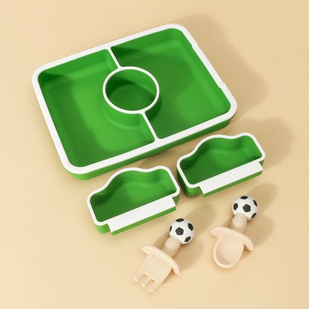 5 Pieces Baby Silicone Dinner Plate Set With lid Children's Football Dinner Plate Fork Spoon Bib Feeding Supplies Baby Gift - Bundle Joy Baby Boutique