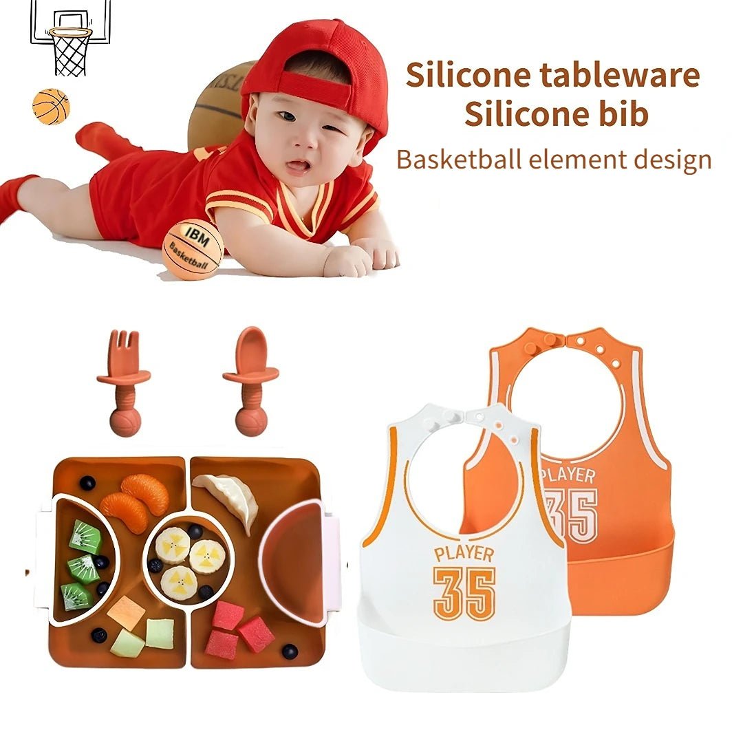 5 Pieces Baby Silicone Dinner Plate Set With lid Children's Football Dinner Plate Fork Spoon Bib Feeding Supplies Baby Gift - Bundle Joy Baby Boutique