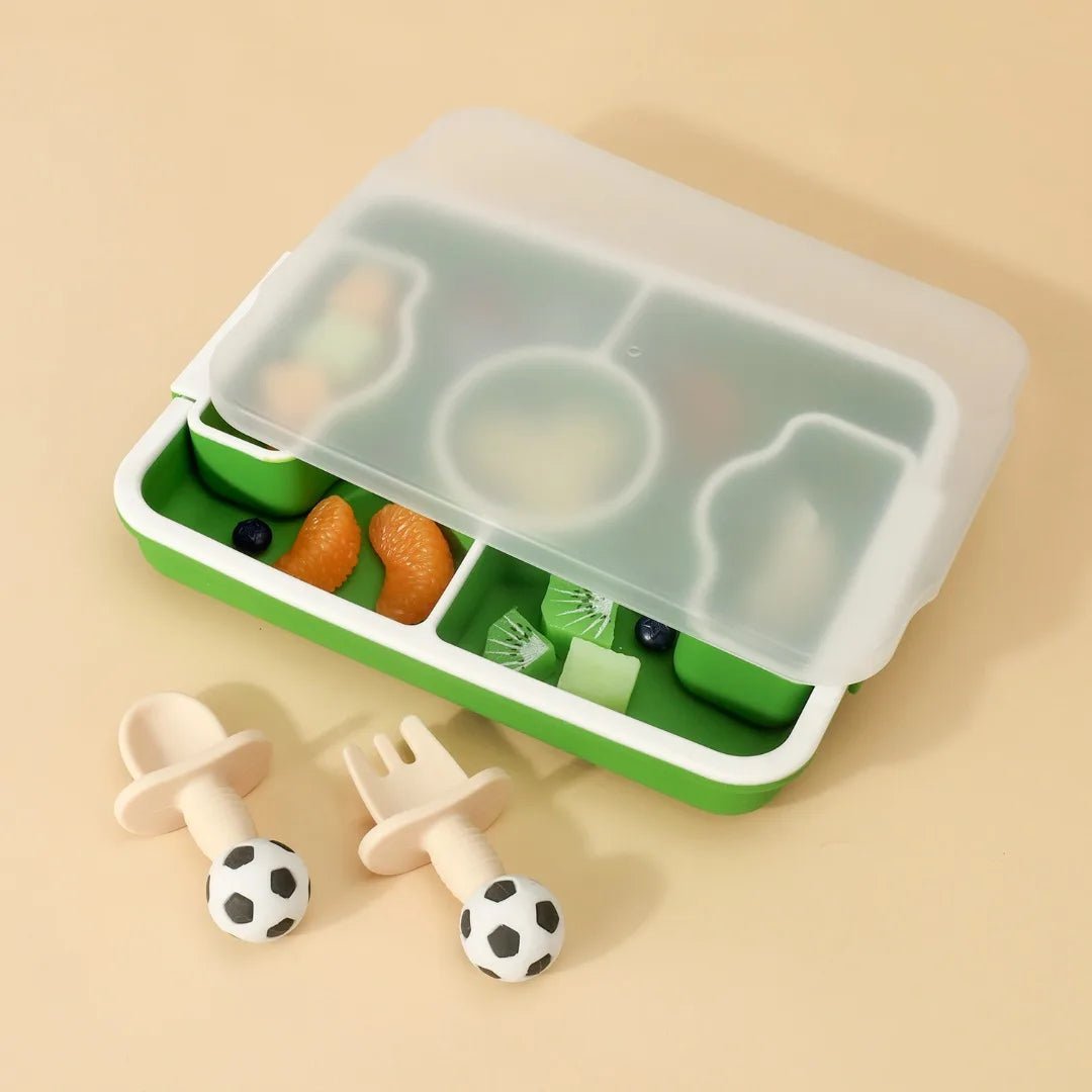 5 Pieces Baby Silicone Dinner Plate Set With lid Children's Football Dinner Plate Fork Spoon Bib Feeding Supplies Baby Gift - Bundle Joy Baby Boutique