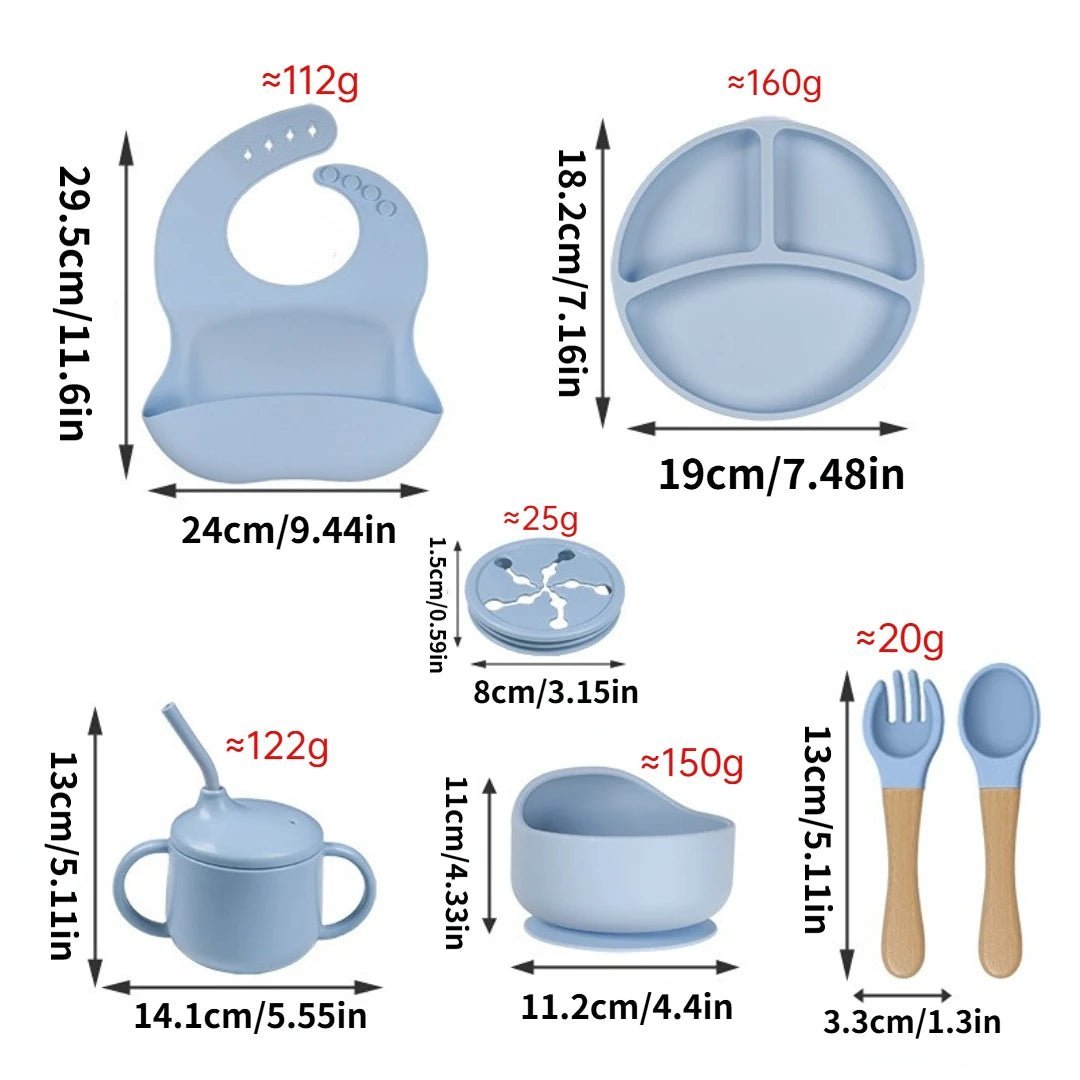 7 - piece baby silicone tableware set children's plate, fork, spoon, bib, water cup, snack jar, bowl, baby gift, feeding supplies - Bundle Joy Baby Boutique