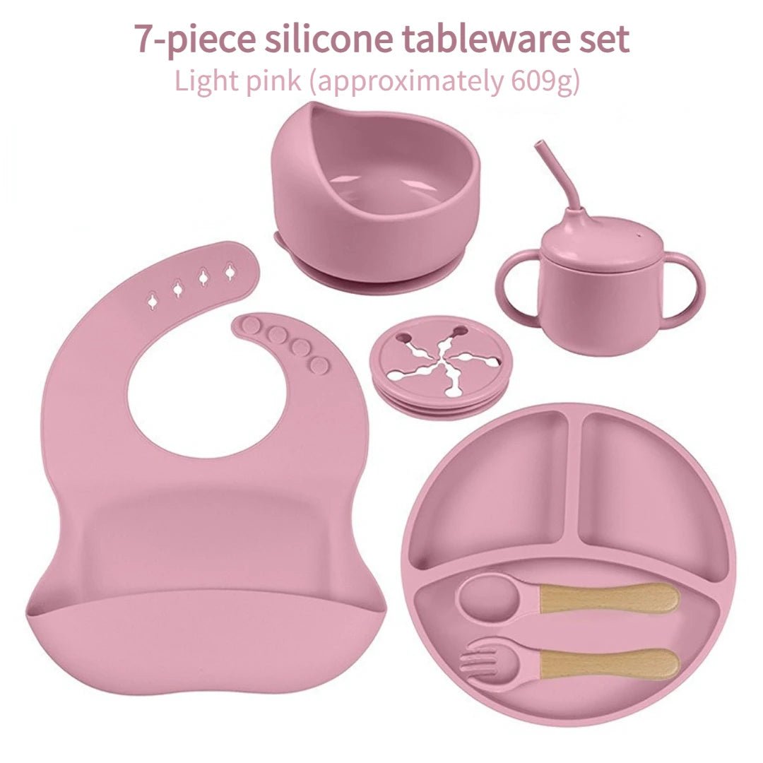 7 - piece baby silicone tableware set children's plate, fork, spoon, bib, water cup, snack jar, bowl, baby gift, feeding supplies - Bundle Joy Baby Boutique