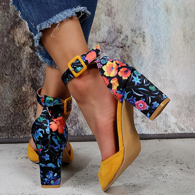 Fashion Women Yellow Flock Flower Color High Heels Sandals Female Pumps Peep Toe Ankle Strap Platform Shoes Summer 2023