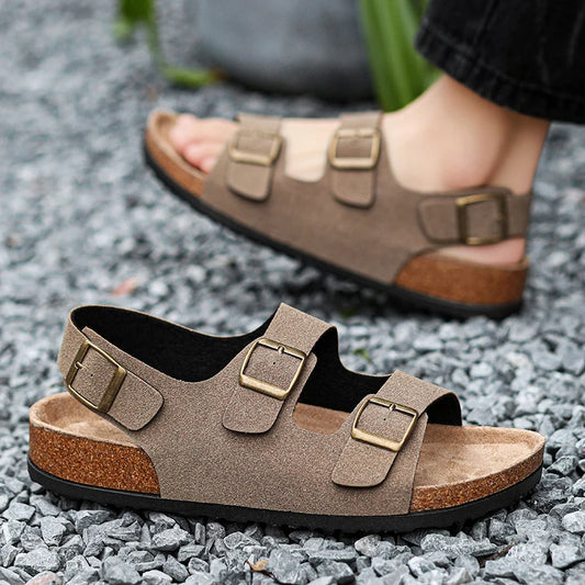 Summer Flat Sandals Cork Slides with Adjustable Straps Open Toe Slides Outdoor Slippers Womens Men Unisex Shoes