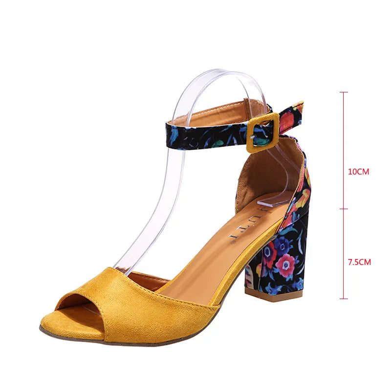 Fashion Women Yellow Flock Flower Color High Heels Sandals Female Pumps Peep Toe Ankle Strap Platform Shoes Summer 2023