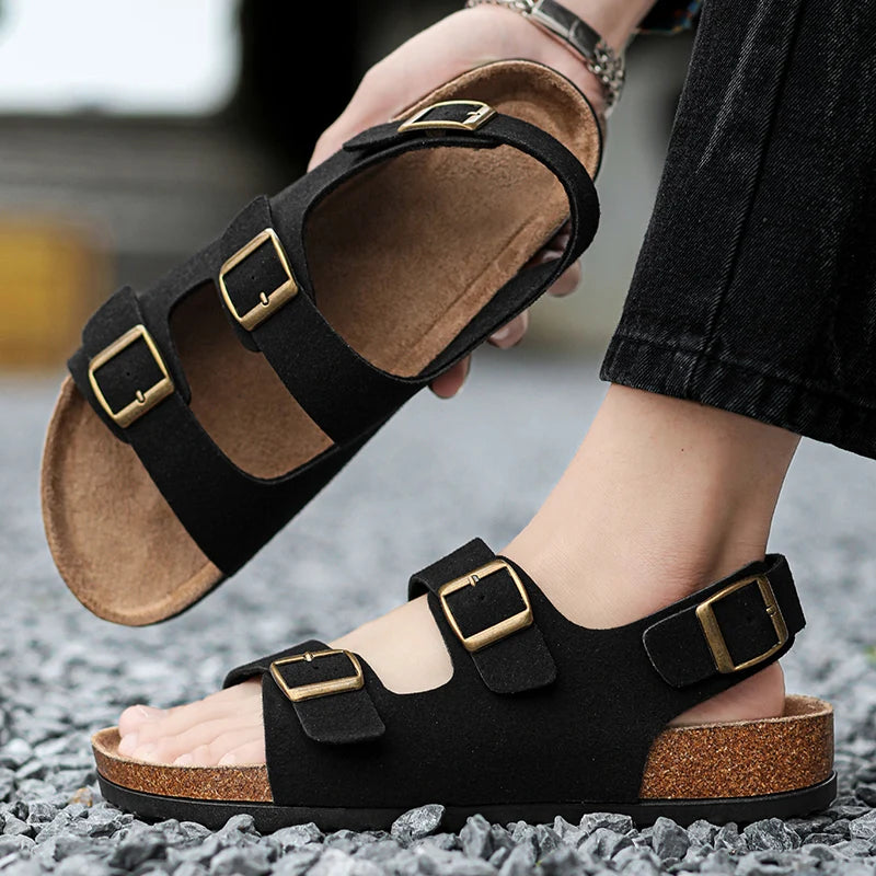 Summer Flat Sandals Cork Slides with Adjustable Straps Open Toe Slides Outdoor Slippers Womens Men Unisex Shoes