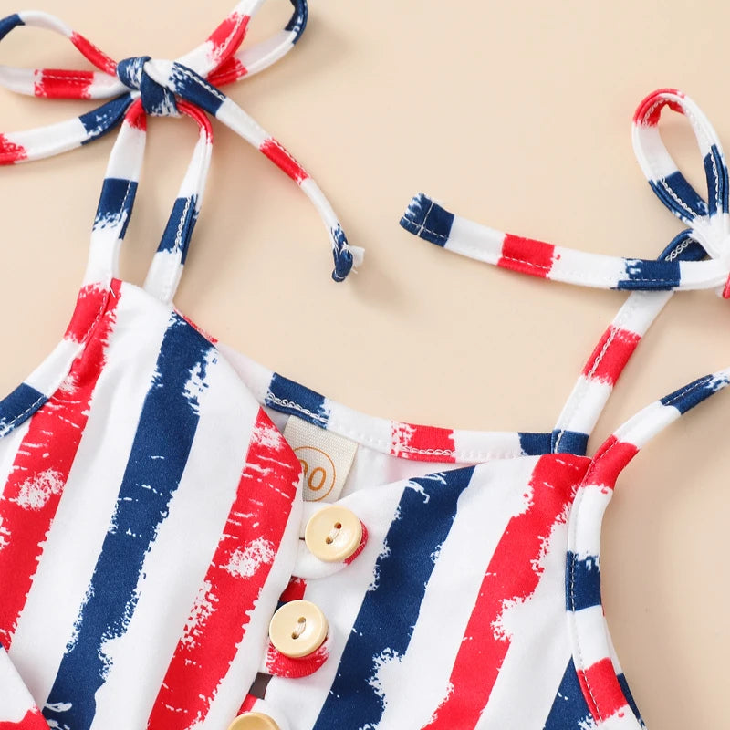 Toddler Baby Girl 4th of July Romper Tie Shoulder Button Down Striped Print Jumpsuit Shorts for Independence Day - TinyToes Baby Boutique 