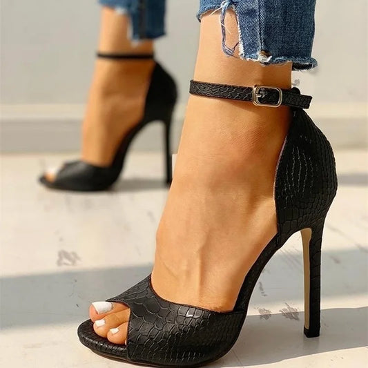 Sexy Dress Wedding Shoes Women Ankle Strap Peep Toe High Heel Sandals White Super High Heels Buckle Snake Pattern Woman Pumps