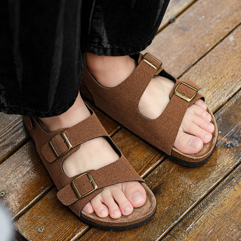 Summer Flat Sandals Cork Slides with Adjustable Straps Open Toe Slides Outdoor Slippers Womens Men Unisex Shoes