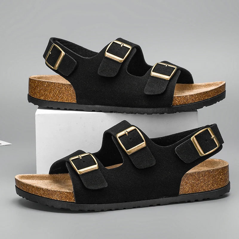 Summer Flat Sandals Cork Slides with Adjustable Straps Open Toe Slides Outdoor Slippers Womens Men Unisex Shoes