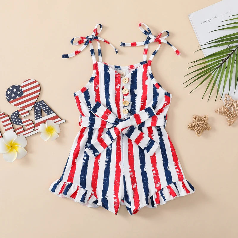 Toddler Baby Girl 4th of July Romper Tie Shoulder Button Down Striped Print Jumpsuit Shorts for Independence Day - TinyToes Baby Boutique 