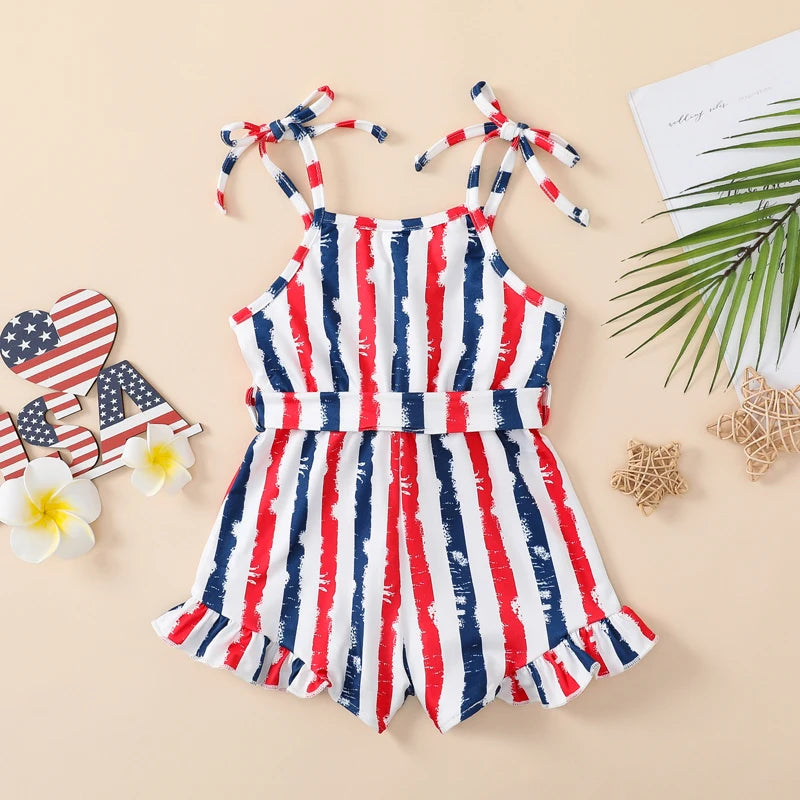 Toddler Baby Girl 4th of July Romper Tie Shoulder Button Down Striped Print Jumpsuit Shorts for Independence Day - TinyToes Baby Boutique 