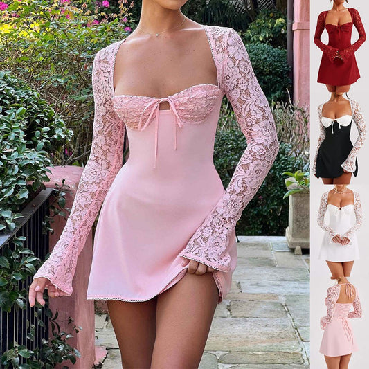 Fashion Corset Lace Long Sleeve Dress Sexy Y2K Backless Lace Up Short Dresses Womens Clothing - TinyToes Baby Boutique